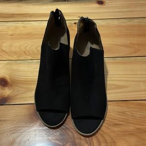 Black suede open toe booties